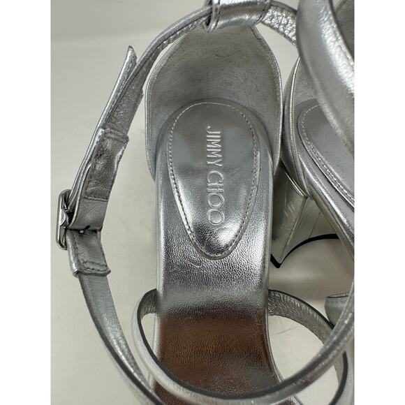 Jimmy Choo Rheea Metallic Block Heel Sandals Womens Size 37 US 7 Silver *READ - Picture 4 of 9
